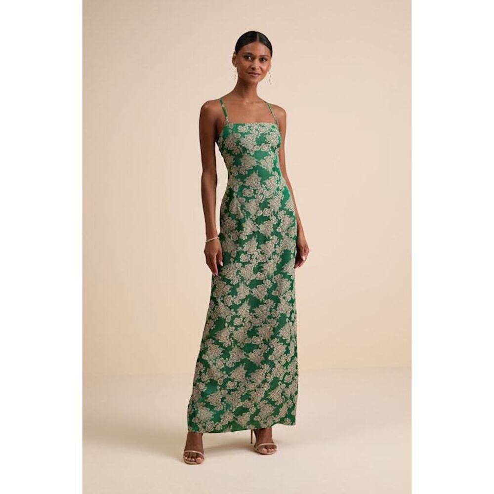 Lulus Merrion Green Floral Satin Lace-up Maxi Dress - Size XL
